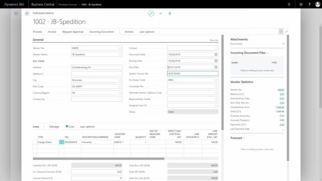 Yrityksen ostotilaus ja laskutiedot Dynamics 365 -näkymässä